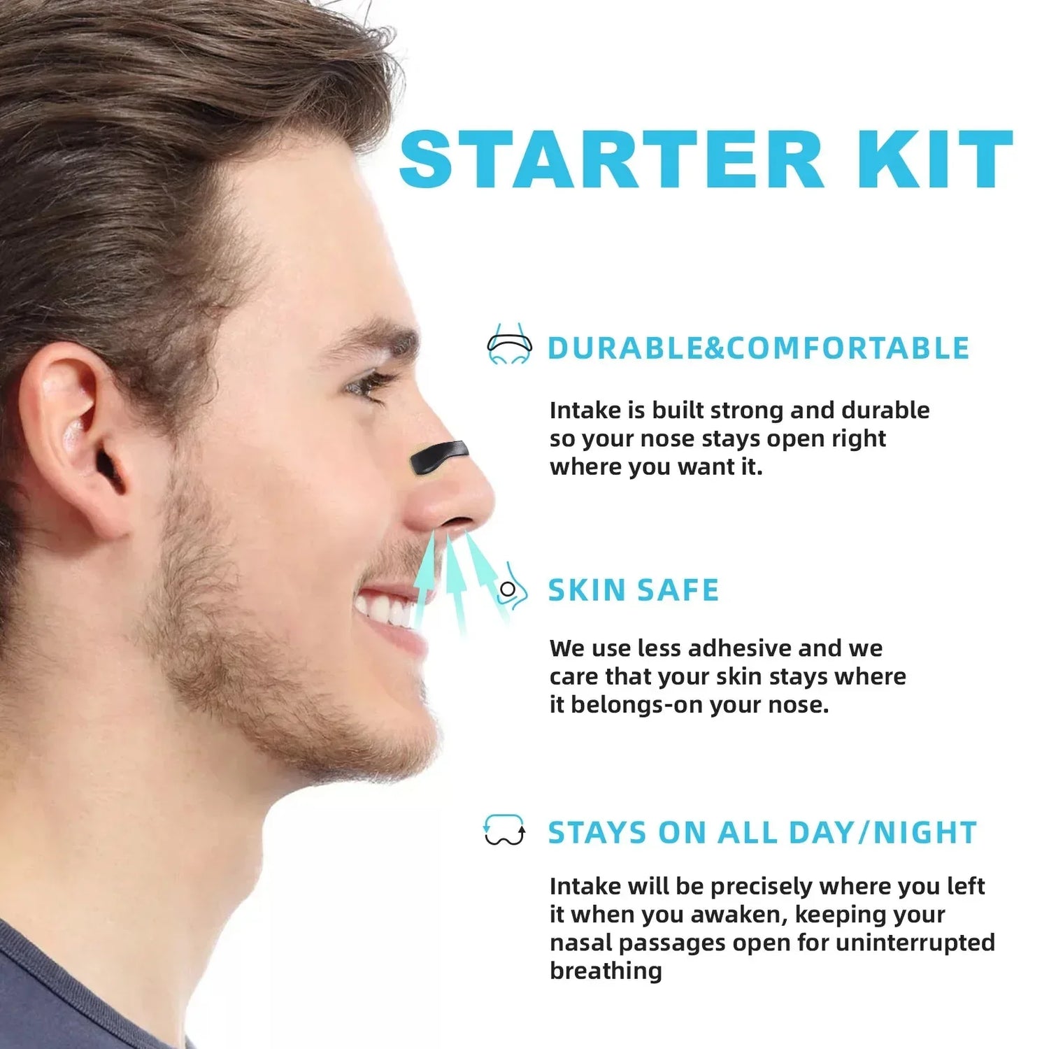 Man wearing Airoze magnetic nasal strip next to starter kit features highlighting comfort, skin safety, and all-day wear