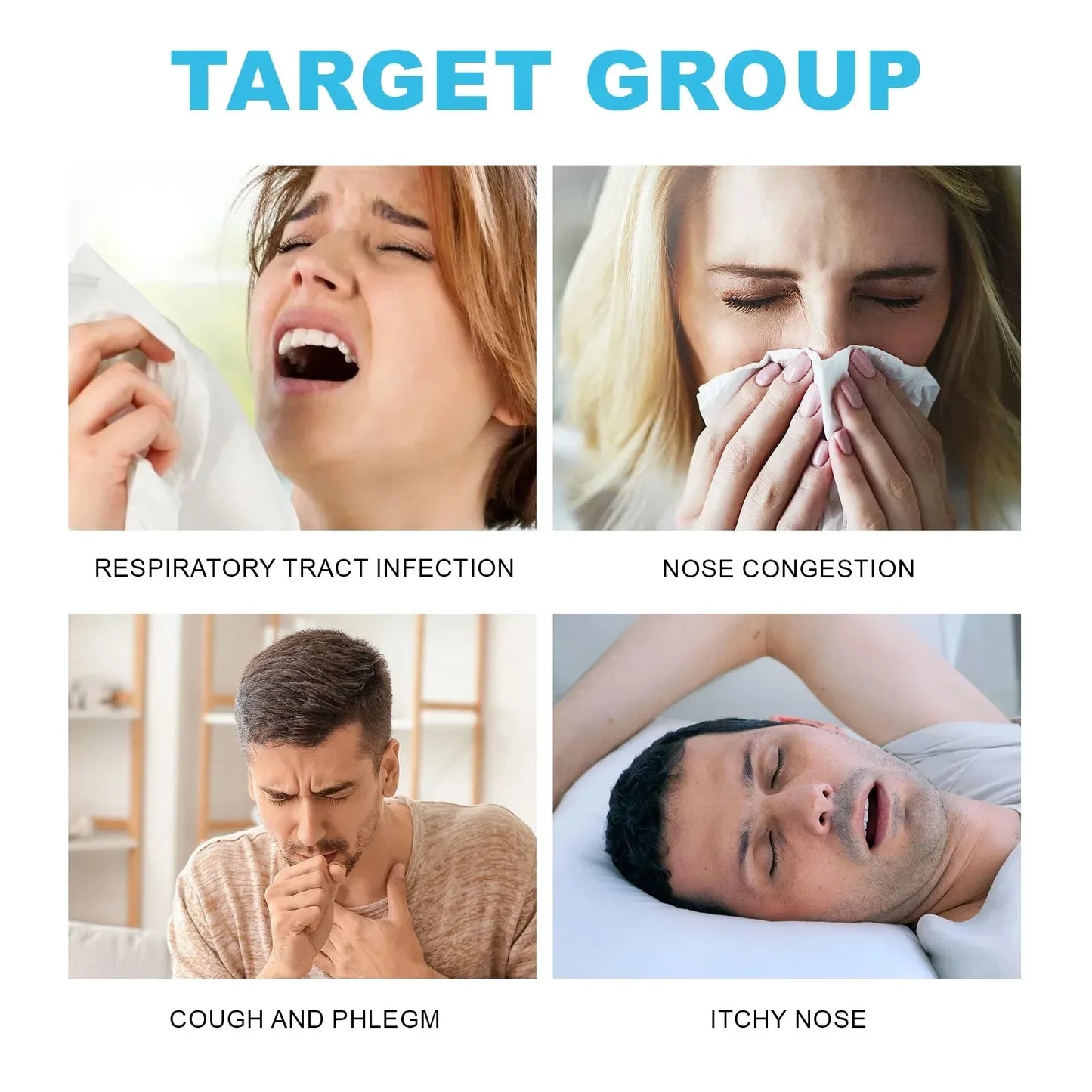Target group image showing people suffering from respiratory tract infection, nose congestion, cough, phlegm, and itchy nose – ideal use cases for Airoze magnetic nasal strips